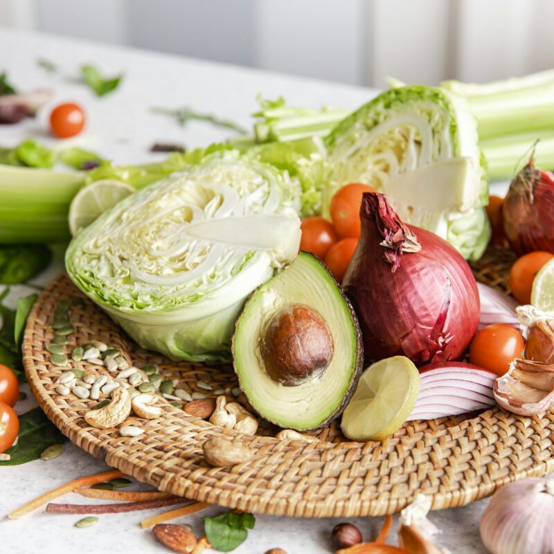 Plate with vegetables, seeds and nuts, generative AI.