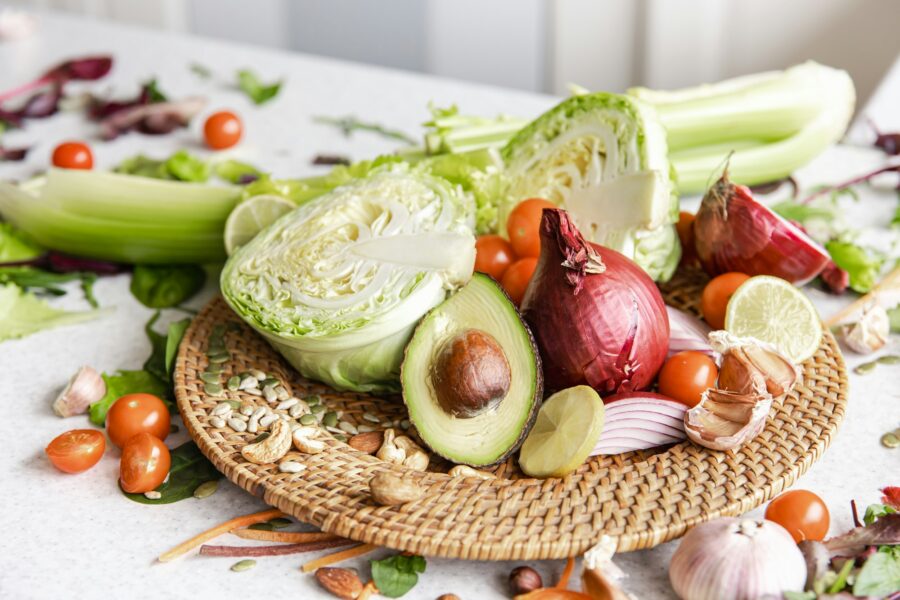 Plate with vegetables, seeds and nuts, generative AI.